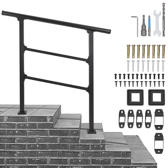 Outdoor Handrail, 3 Step Stair Handrail, Outdoor Stair Railing Fits 2 to 3 Steps, Wrought Iron Handrail for Concrete Steps, Porch Steps, Easy Assembly, Black
