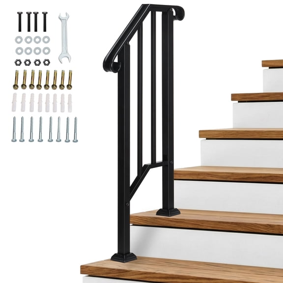 Outdoor Handrail for Concrete Steps, 1 to 5 Step Wrought Iron Stair Railing Kit, Heavy Duty Transitional Hand Rail for Porch, Deck and Garden, Safety Grab Bar with Installation Hardware, Matte Black