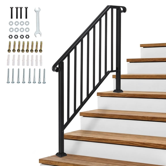 Outdoor Handrail for Concrete Steps, 1 to 5 Step Wrought Iron Stair Railing Kit, Heavy Duty Transitional Hand Rail for Porch, Deck and Garden,  Safety Grab Bar with Installation Hardware, Matte Black