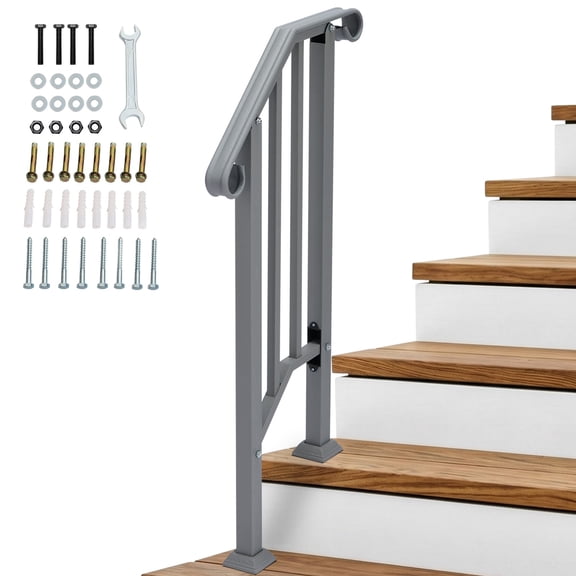 Outdoor Handrail for Concrete Steps, 1 to 5 Step Wrought Iron Stair Railing Kit, Heavy Duty Transitional Hand Rail for Porch, Deck and Garden, Safety Grab Bar with Installation Hardware, Silver/Gray