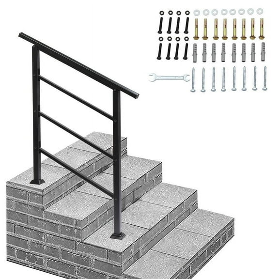 Outdoor Handrail, Stair Handrail, Fits 1 to 3 Steps, Wrought Metal Iron Stair Railing with Curved Ends and Balusters for Concrete Steps, Porch Steps, One-step Assembly, Black