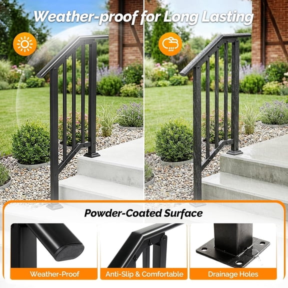 Outdoor Handrail, Step Stair Handrail, Wrought Mattle Iron Stair Railing for Concrete Steps, Porch Steps, Easy Assembly (Black, 1 Step)