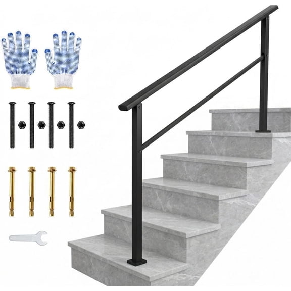 Outdoor Handrail for Steps, 5-Step Stair Railing Kit with Adjustable Angle, Black Aluminum Handrail & Iron Poles for Porch, Deck, Stairs (1 Pack, 5 Steps)