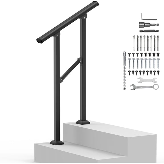 Outdoor Handrails for 2-3 Steps, Stair Railing Kit for Concrete & Porch Steps, Adjustable Black Iron Hand Rail for Seniors, Easy Installation, Retro Arch Design