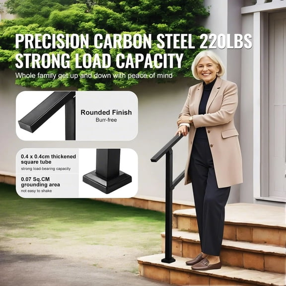 Outdoor Handrails for Steps,2-3 Step Stair Rail Kit,Black Square Tube with Horizontal Bar,Carbon Steel Support Rails for Seniors,Concrete&Deck Stairs,Easy Installation