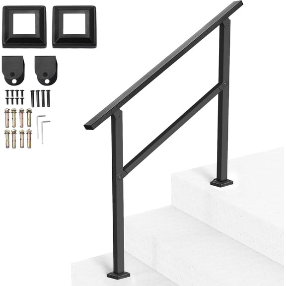 Outdoor Handrails for Steps, 2-3 Step Stair Rail Kit, Black Square Tube with Horizontal Bar, Carbon Steel Support Rails for Seniors, Concrete & Deck Stairs, Easy Installation