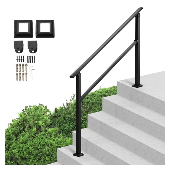 Outdoor Handrails for Steps 4-5 Step, Black Stair Rail Kit, Carbon Steel Support, Senior Safety Rail for Concrete & Deck Stairs, Easy Install