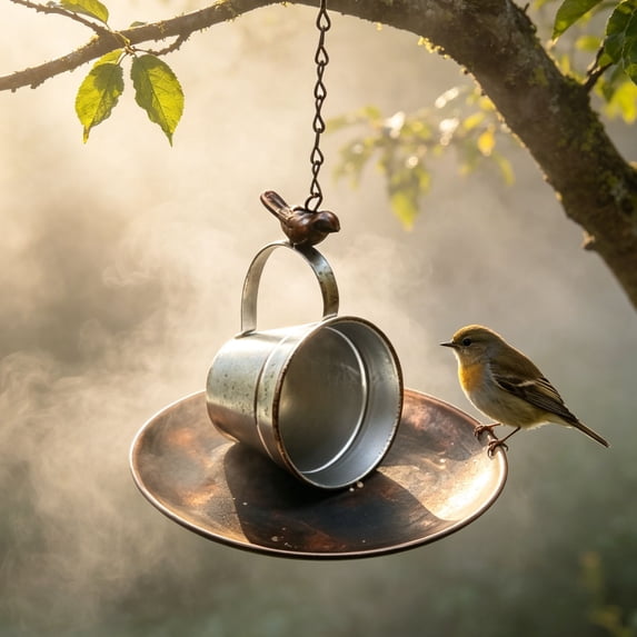 Outdoor Hanging Bird Feeder, 7.87 inch Metal Teacup Birdfeeder Wild Bird Feeder Tray for Platform, Outdoors, Backyard, Garden