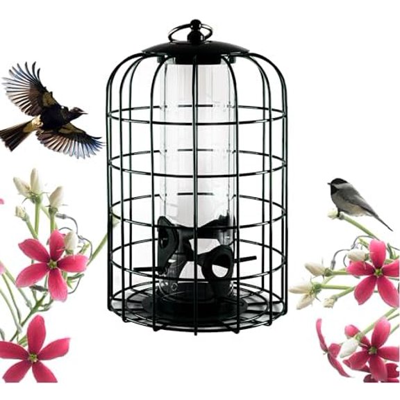 Outdoor Hanging Bird Feeder Cage PC Tube Squirrel Proof Wild Bird Feeder with Large Metal Seed Guard Deterrent