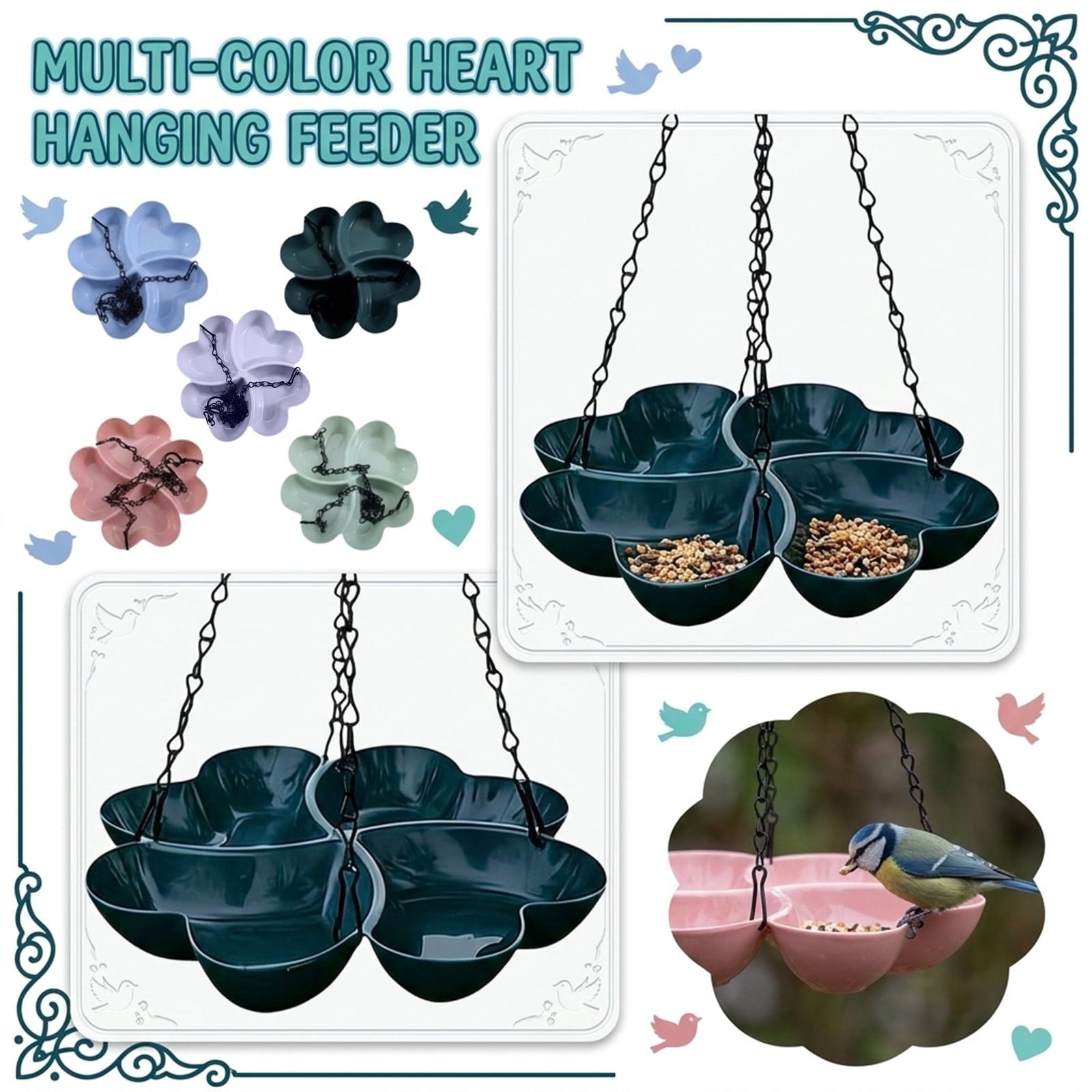 Outdoor Hanging Bird Feeder and Waterer, Heart Shaped 4 Compartment ...