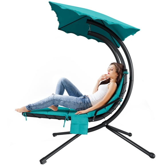Outdoor Hanging Chaise Lounge Swing Chair – Curved Steel Frame Hammock Lounger with Umbrella & Soft Cushion, for Patio, Garden, Poolside