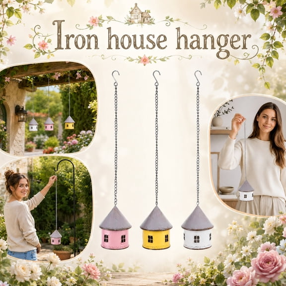 Outdoor Hanging Decor, Metal Yard Art Outdoor and Garden, Whimsical Outdoor Decor, Fairy Garden Houses Outdoor, 20 Inch Yellow 1-Pc Hanging Iron Small House Ornament with Hook and