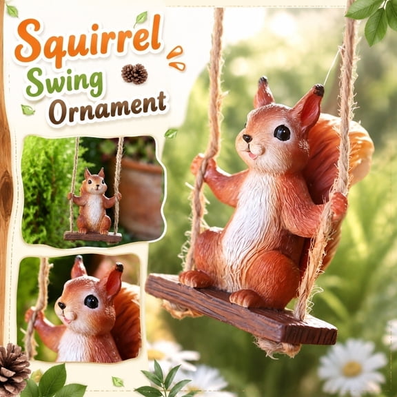 Outdoor Hanging Decor, Whimsical Garden Decor, Tree Decorations Outdoor, Garden Sculpture, 3X4 Inch Cute Swinging Squirrel Resin Ornament, Weatherproof Hanging Figurine for Tree