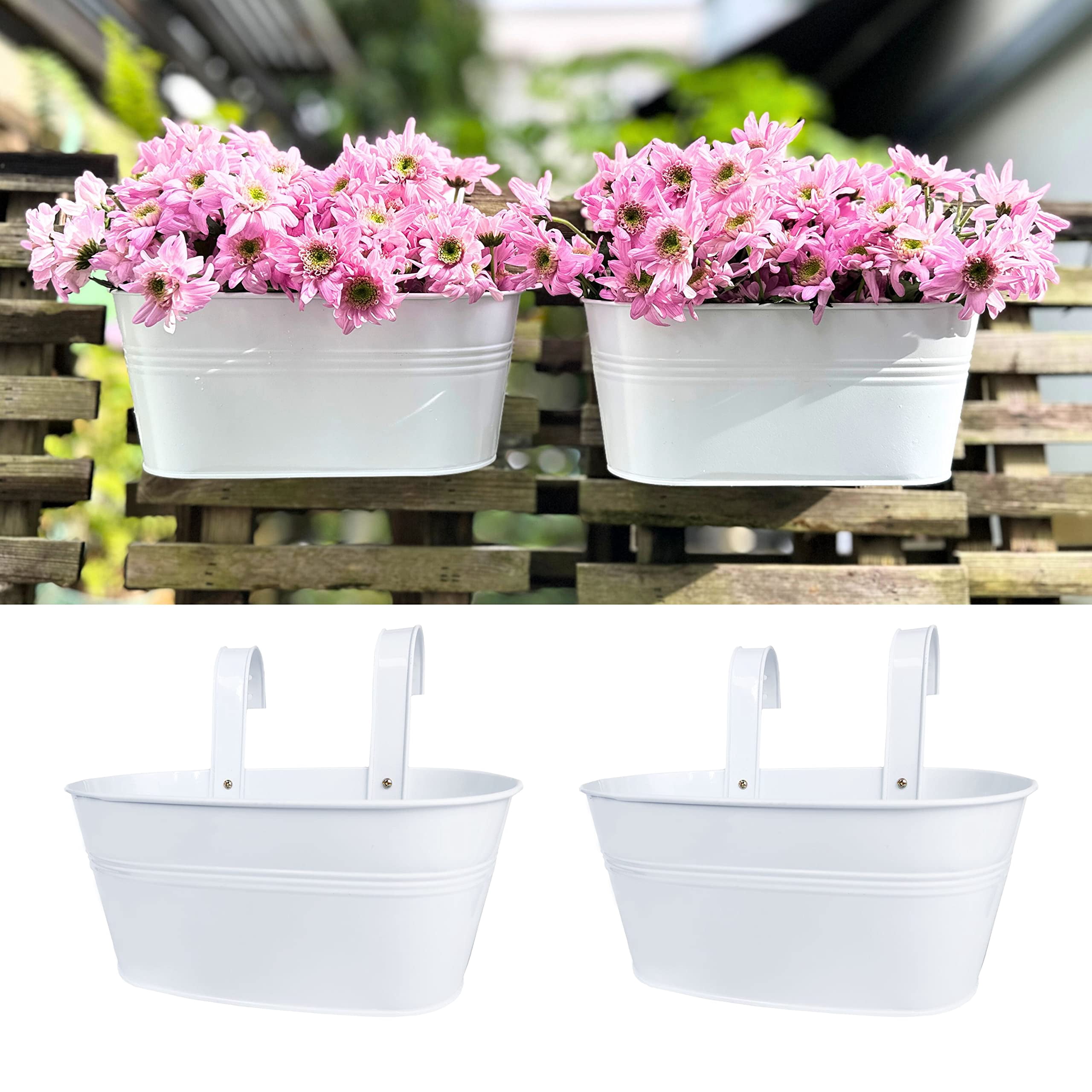 Outdoor Hanging Flower Pots 6 Pack 11.8 Inch White Metal Iron Planters Deck Railing Fence Window Box Plant Holders Porch Decor