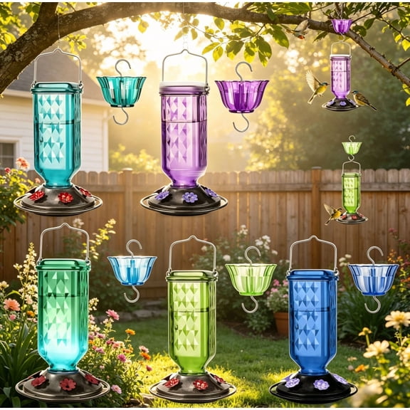 Outdoor Hanging Glass Hummingbird Feeder, 24 oz, 6 Ports, Ant Moat, Leakproof, Easy Clean, Bird Nectar Feeder Garden Decor Light blue