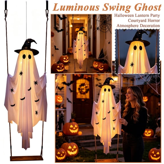 Outdoor Hanging Halloween Decorations, Halloween Ghost Decorations, Hanging Decor, Halloween Yard Decorations, Remote Controlled Battery Operated Glowing Ghost Swing Set 71X47X16