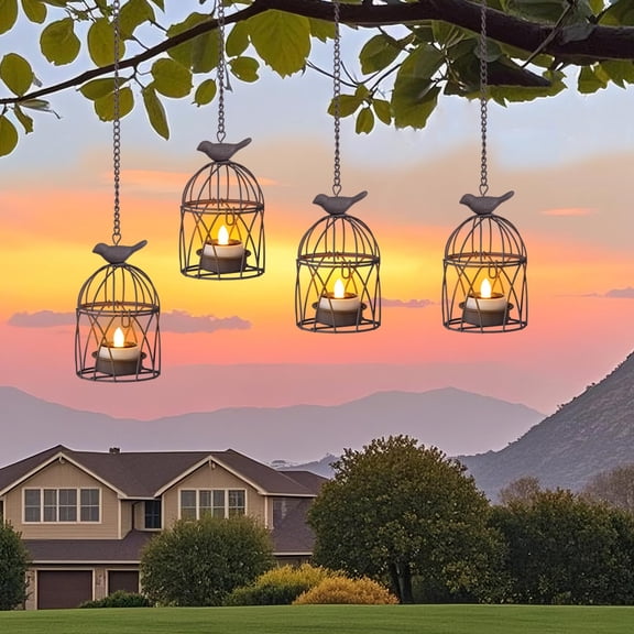 Outdoor Hanging Lanterns 4-Pack Rust Iron Solar Waterproof for Tree Backyard Patio Garden Fence Decoration