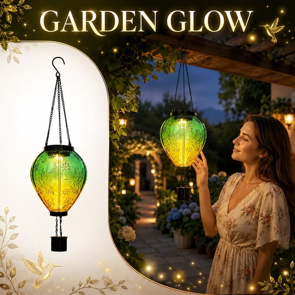 Outdoor Hanging Light, Hot Air Balloon Solar Lantern, Solar Hummingbird Lantern, Outdoor Solar Decorations, Hanging Solar Powered Light with Gradient Glass Hummingbird and Star