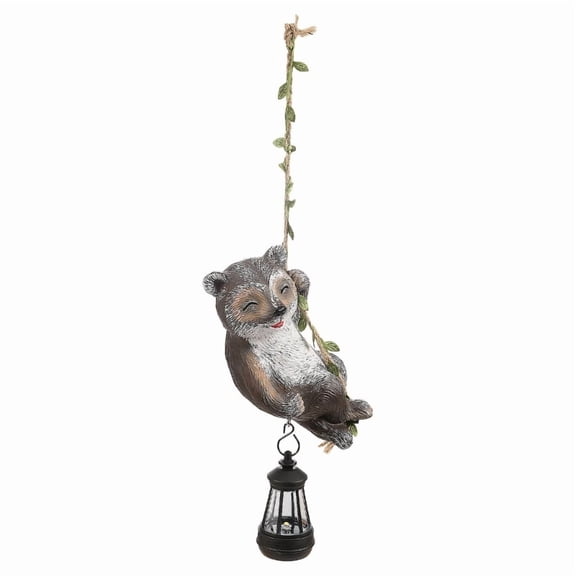 Outdoor Hanging Raccoons Statue with Solar LED Lamp for Garden and Yard Decoration Resin Waterproof Ornament