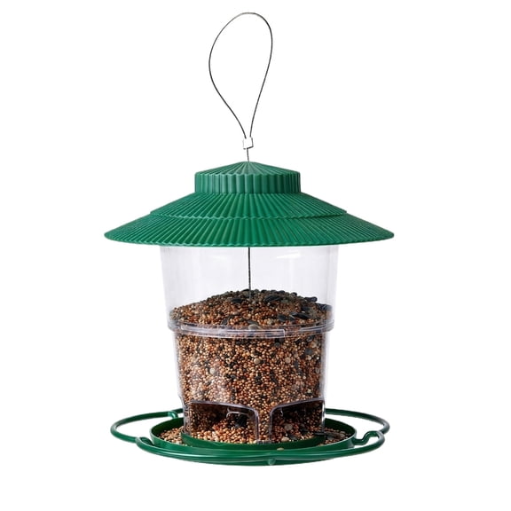 Outdoor Hanging Snap - On Lid Automatic Bird Feeder, Green, with Transparent Container, Holds Bird Seeds, for Garden, Patio, Backyard, Balcony Bird Watching