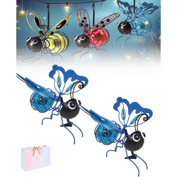 Outdoor Hanging Solar Bee Light Waterproof Bumble Bee Lantern Metal Bug Firefly Lamp with Bouncy Spring Glow up Fairy Lights for Garden Decor Housewarming Gift Backyard Tree Decoration(Blue-2PCS)