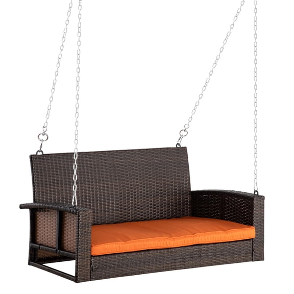 Outdoor Hanging Swing Bench, 2-Person Wicker with Cushions, 550 lbs Capacity | Orange | Rattan+Metal