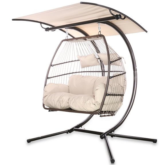 Outdoor Hanging Swing Chair Wicker Egg Chair Cushion w/ Canopy Shade, Beige