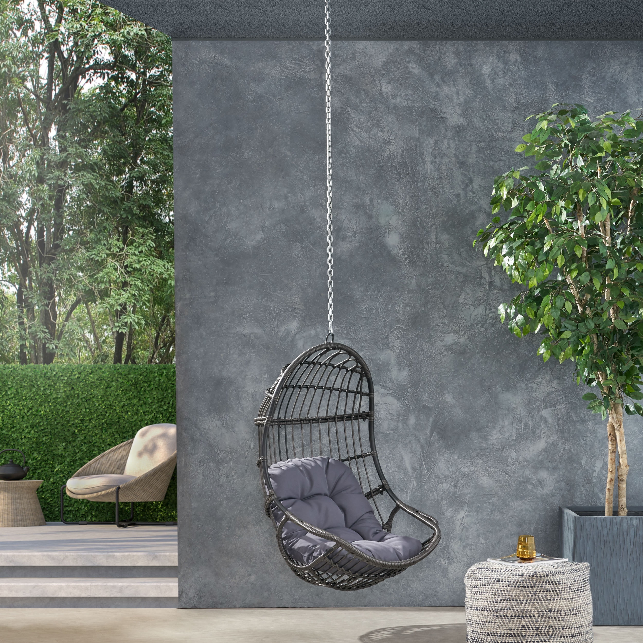 Outdoor Hanging Swing Chair with 8ft Chain, Wicker Weave Suspended Leisure Seat for Patio Garden, Gray