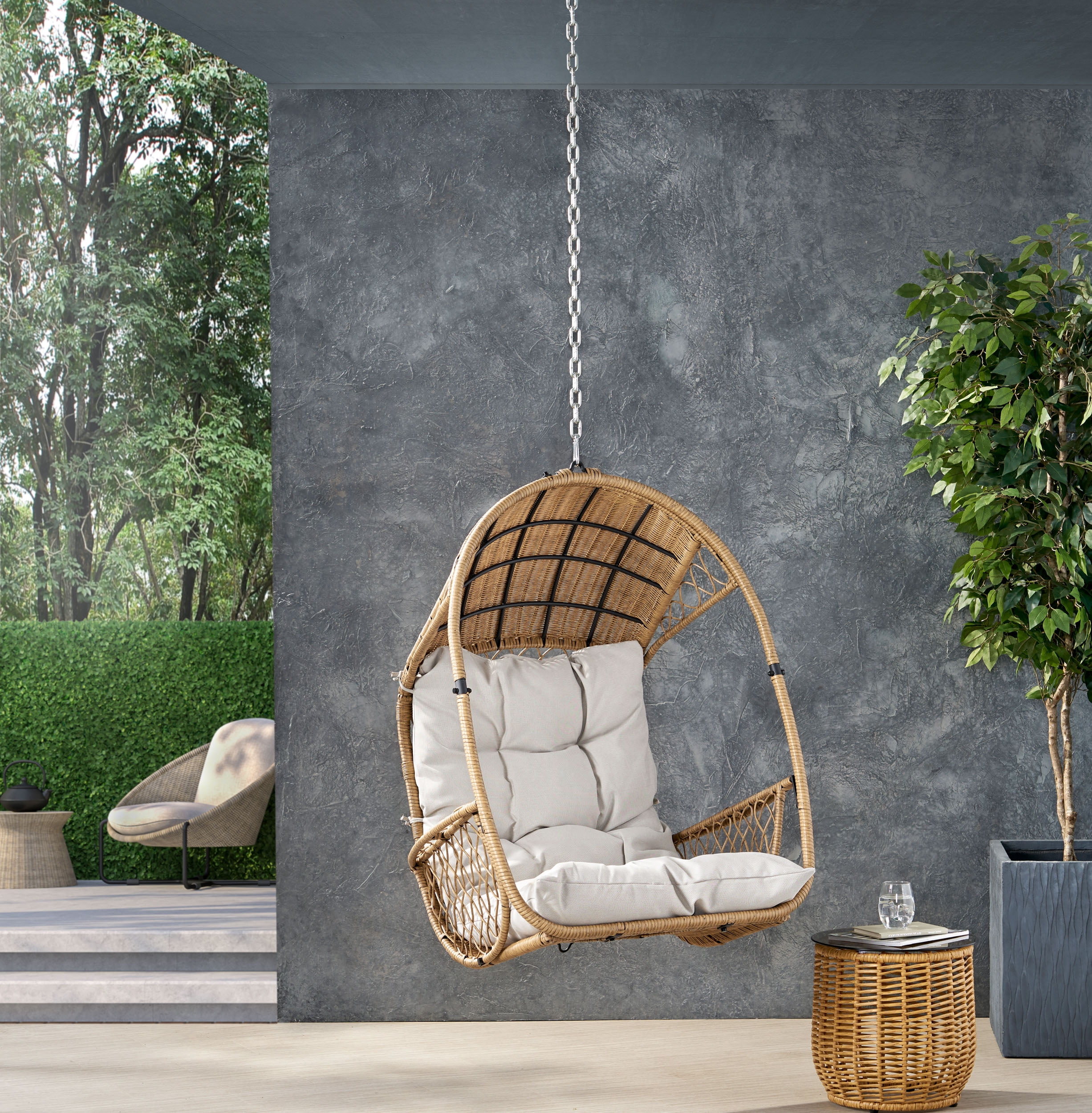 Outdoor Hanging Swing Chair with 8ft Chain, Wicker Weave Suspended Leisure Seat for Patio Garden, Light Brown and Beige