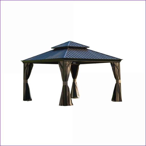 Outdoor Hardtop Gazebo 12'x12' Permanent Pavilion for Patio Backyard | Aluminum | Tan Brown