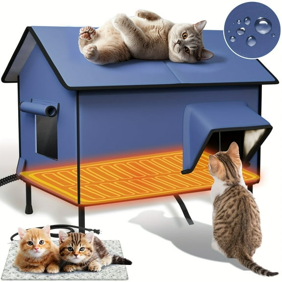 Outdoor Heated Cat House, Extremely Insulated Winter Cat Shelter with Eaves & Escape Door, Elevated for Outside Stray Barn Cat