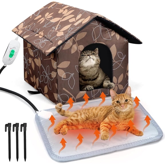 Outdoor Heated Cat House Set Weatherproof Enclosures Insulated Cat Shelter with Heating Pad Foldable Indoor Pet Cave with Tent Stakes for Pet Winter Outside