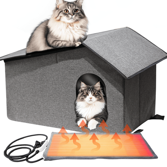 Outdoor Heated Cat House,Warming Cold Weather House with Heated Pad for Winter