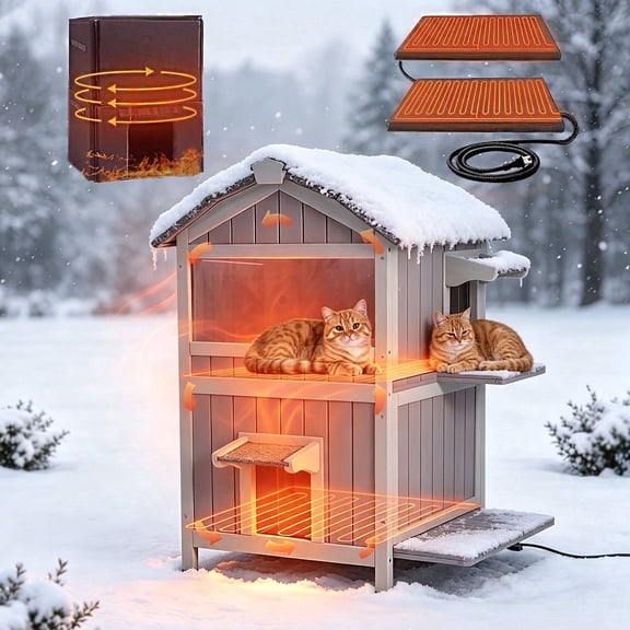 Aivituvin Heated Outdoor Cat House for Outside Weatherproof Feral Cat Shelter for Winter with Heater and Insulated Liner Two Story
