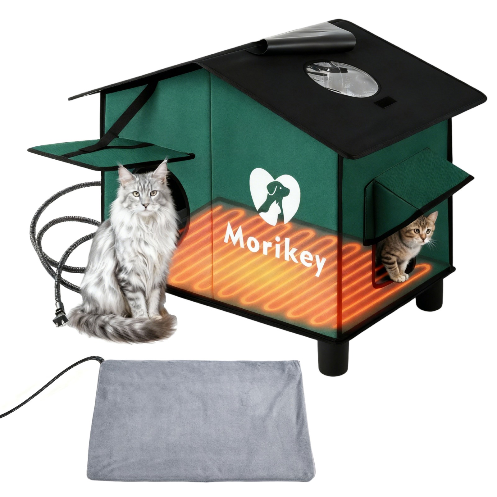 Outdoor Heated Cat House in Winter,Insulated Weatherproof Outdoor Cat Shelter with Heated Pad, Elevated Base & Safe Escape Door,Warm Kitty House for Feral or Stray Cats, 14.1"x16.5"x24.4"