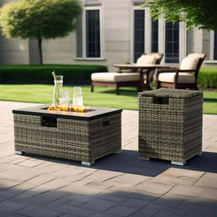 Outdoor Heater 32" Propane Gas Fire Pit Table with Propane Tank Cover 2-Pieces, 50000 BTU Rectangular Steel Fire Pit with Beautiful Wicker Base for Outside Garden-Beige,Patio Heater