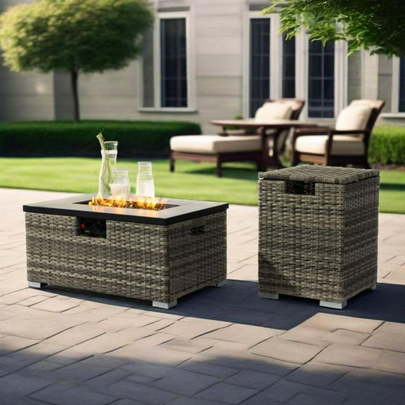 Outdoor Heater 32" Propane Gas Fire Pit Table with Propane Tank Cover 2-Pieces, 50000 BTU Rectangular Steel Fire Pit with Beautiful Wicker Base for Outside Garden-Beige,Patio Heater
