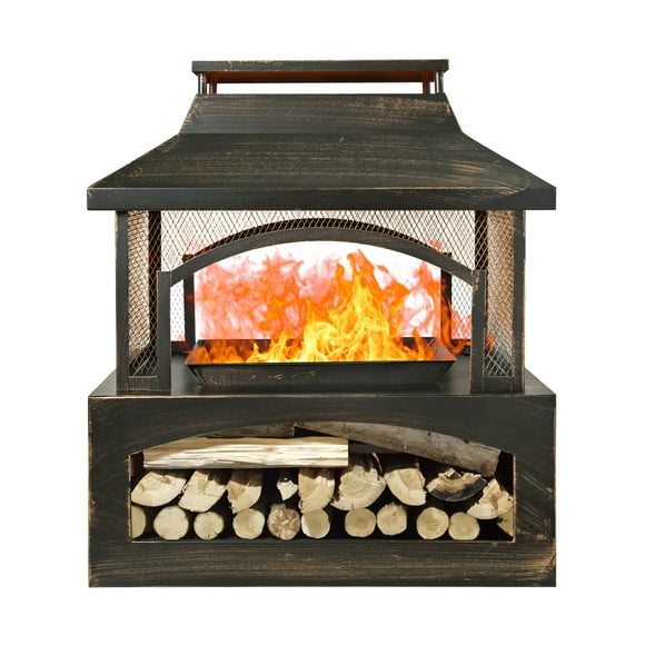 Outdoor Heater 37-Inch Rectangular Metal Outdoor Wood Burning Fireplace - Outdoor Fireplace with Built-in Log Storage and Poker-Brushed Bronze,Log Burner Fire Pit for Patio Garden And Backyard,Patio