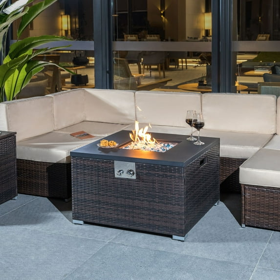 Outdoor Heater Outdoor Gas Fire Pit Square Dark Brown Wicker Fire Pit Table Propane Fire Table with Glass Rocks,Patio Heater