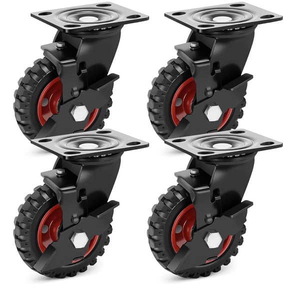 Outdoor Heavy Duty Casters Wheels , Sturdy Large Rubber Casters with Brake, Industrial Grade Plate Swivel Castors with Knobby Tread for Workbench, Cart, Chicken Coop