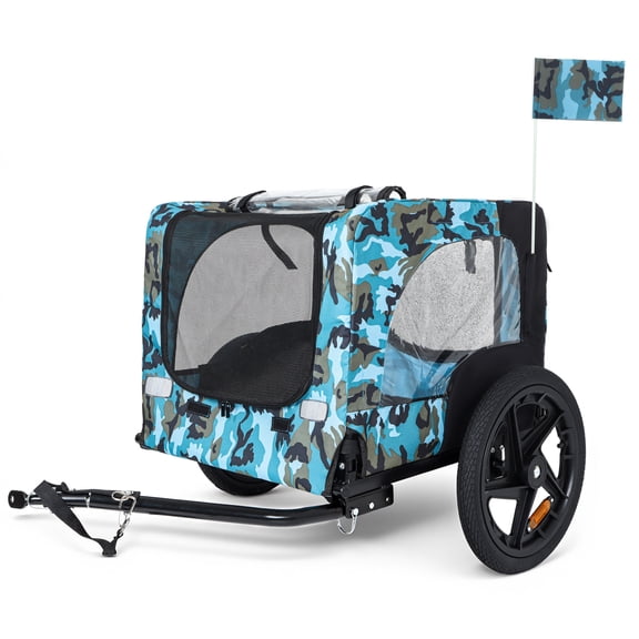 Outdoor Heavy Duty Collapsible Pet Bike Trailer, 16-Inch All-Terrain Wheels & Universal Hitch, Foldable Dog Cargo Carrier Cart for Bicycles, Blue+Black