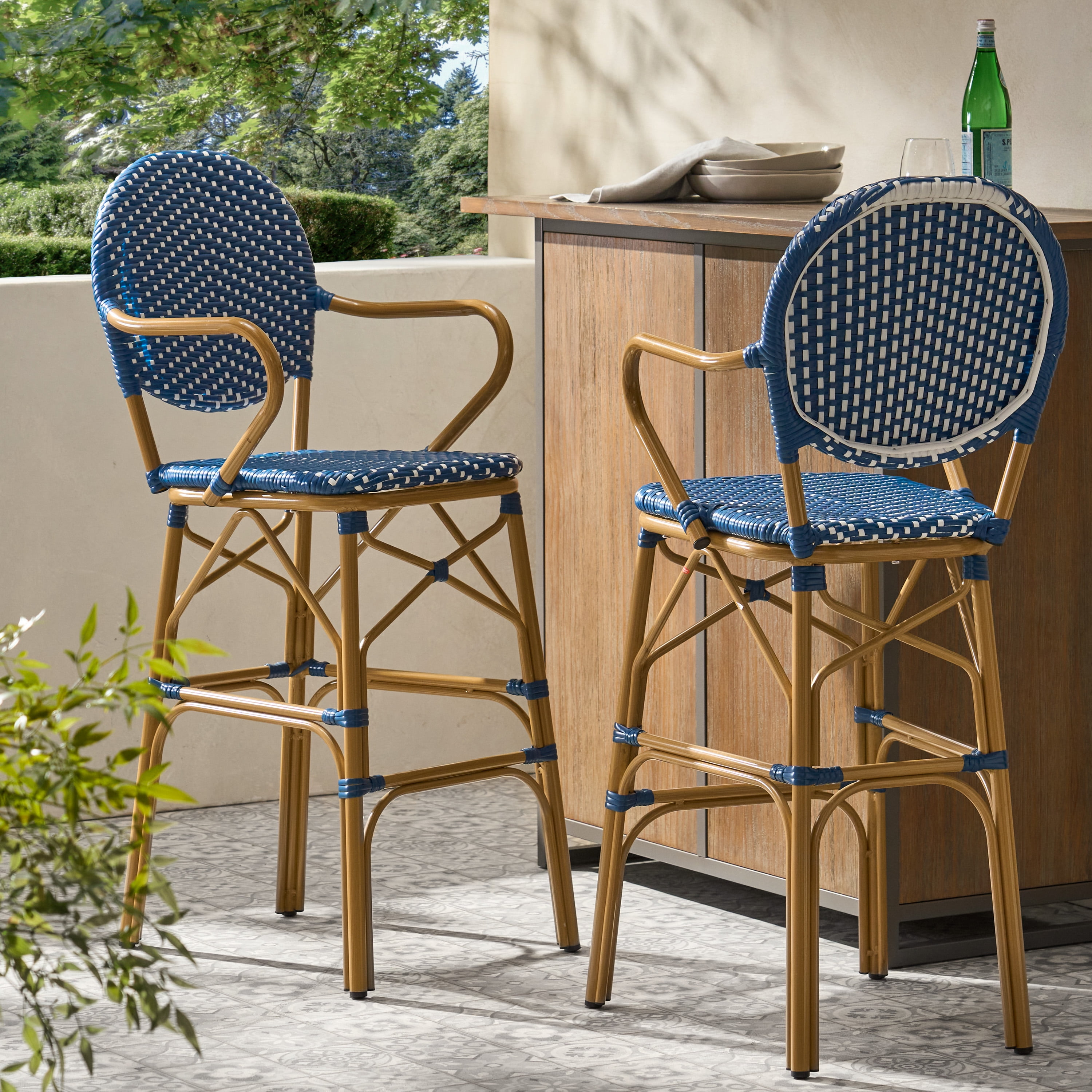 Outdoor Height Bar Stool Set of 2 29.5 Inch, Wicker and Aluminum Combined Frame for Patio Bar, Navy Blue and Bamboo