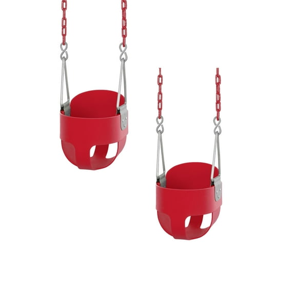 Outdoor Heights High Back Full Bucket Toddler & Baby Swing Set for Backyard Swing with Vinyl Coated Chain (2, Red)