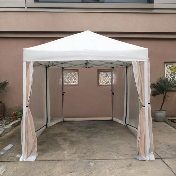 Outdoor Hexagonal Pop-Up Canopy, 13 Ft., Neutral Gray Steel Gazebo with Mesh Walls