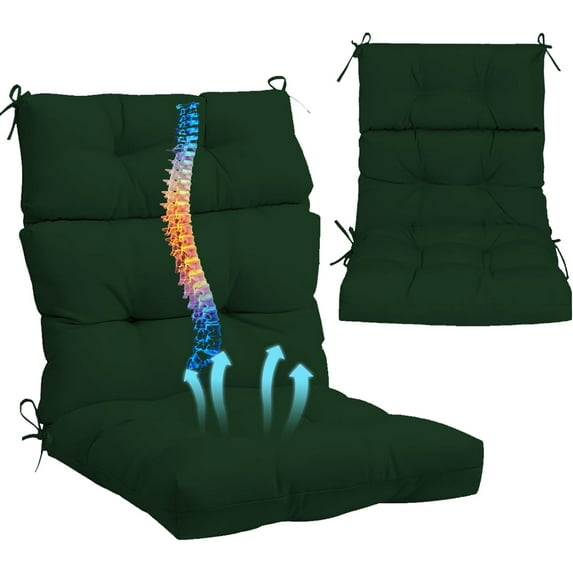 Outdoor High Back Chair Cushions 2-Pack, 44"x22"x 4" Fade-Resistant Waterproof Tufted Pads with Ties for Patio Rocking & Adirondack Chairs (Dark Green)