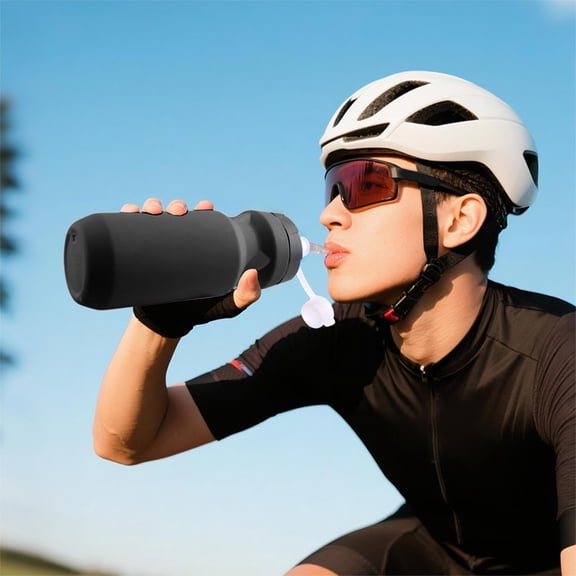 Outdoor High-Capacity Sports Water Bottle,Leak-Proof Plastic Bike Drinking Bottle with Silicone Spout,Easy One-Hand Extruding Hydration for Running Cycling and Travel,BPA-Free Portable Cup-Black