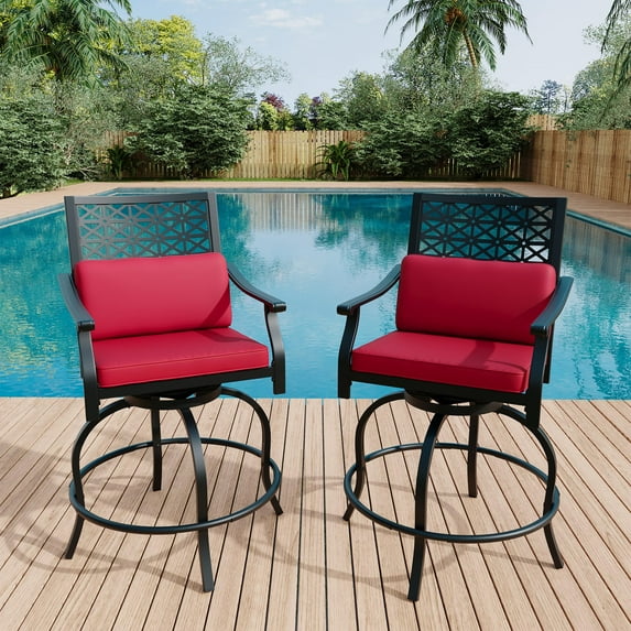 Outdoor High Swivel Bar Stools Set of 2,Bar Height Patio Chairs with Seat Cushion,Counter Height Tall Patio Swivel Chairs,Patio Bar Stools,Outdoor Swivel Bar Chairs with Armrest & Back for Backyard