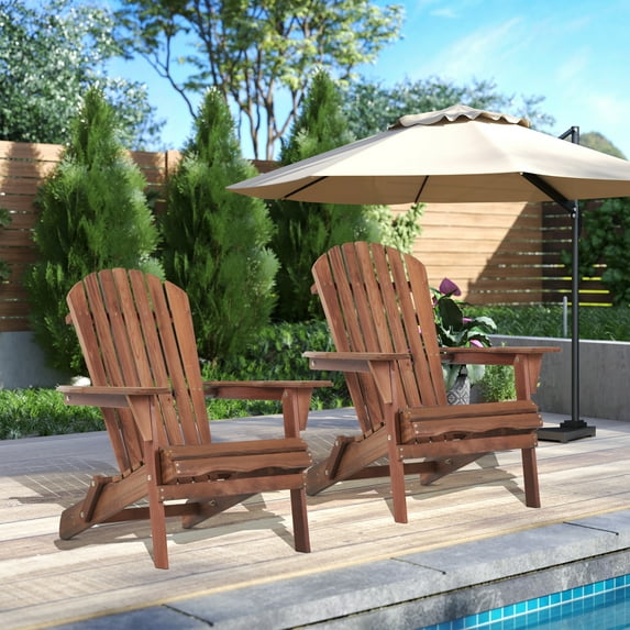 UHOMEPRO Outdoor Adirondack Chairs Set of 2, Weather Resistant Patio Lawn Chair, Wooden Folding Fire Pit Chairs for Outside Deck Garden Backyard Balcony, Patio Furniture Set Lounge Chairs, Brown