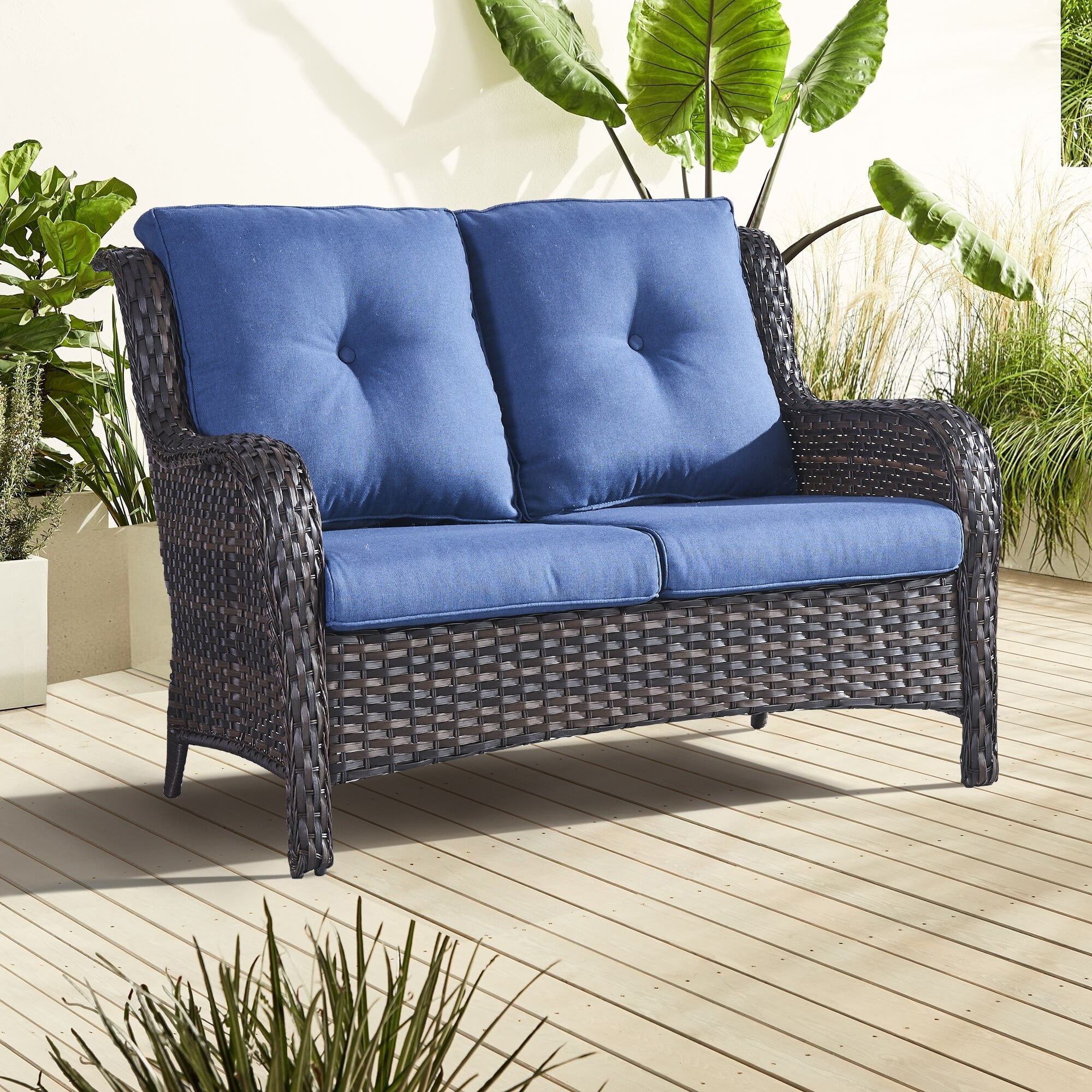 Outdoor Highback Wicker Loveseat Sofa For Home Garden