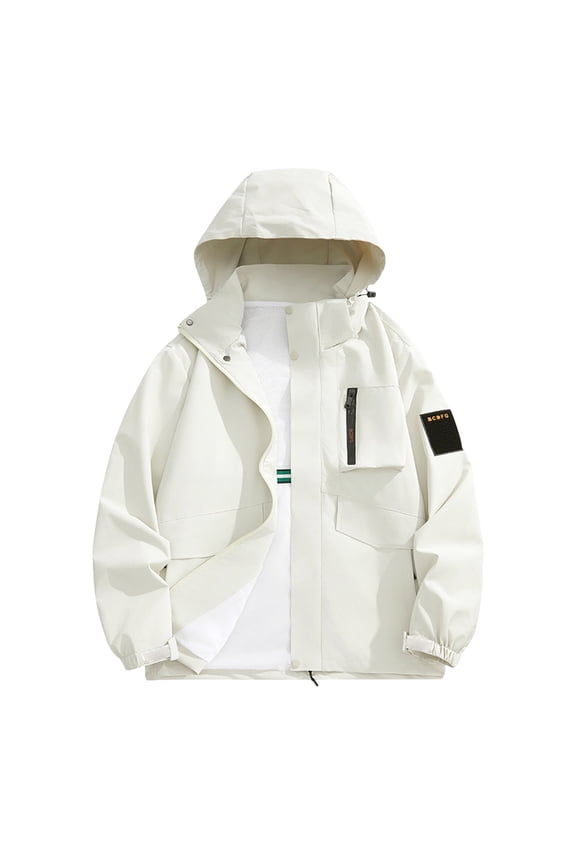 Outdoor Hiking Jacket for Men Lightweight Hooded Zip-Up Coat Fall Winter Waterproof Windproof Windbreaker New Jacket for Men Casual White XL